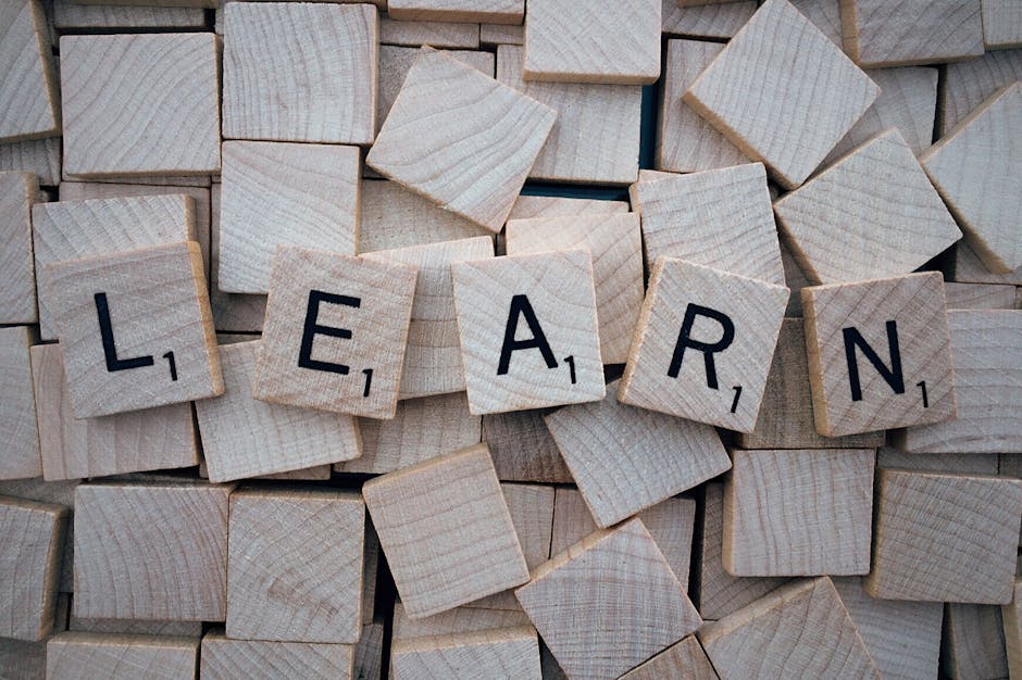 Wooden letter tiles arranged to spell 'learn' on a background of scattered tiles